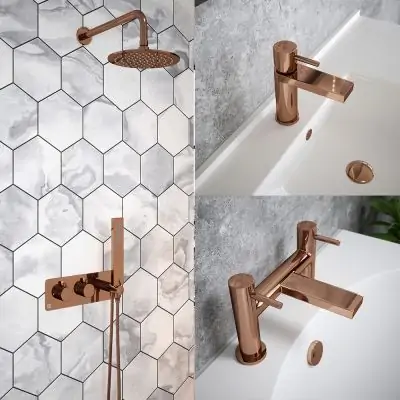 Vibrance Brushed Copper Basin Mixer, Bath Filler and Shower Set