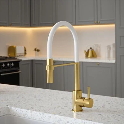 Carysil Tube Tap Without Spray Function in Brushed Brass with Ghost White Tube