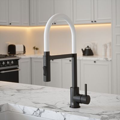Carysil Tube Black Tap with Spray Function in Ghost White