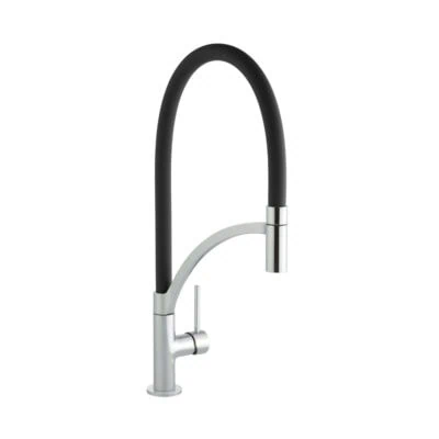 Single Lever Tube Kitchen Mixer Brushed Steel with Black Hose