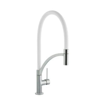 Single Lever Tube Kitchen Mixer Brushed Steel with White Hose