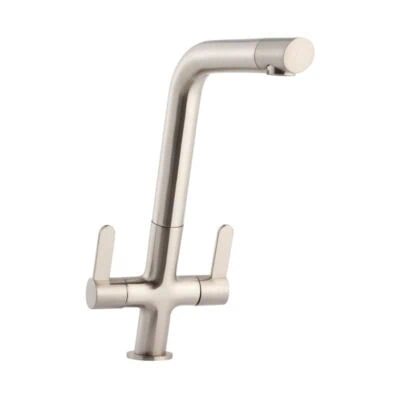 Round Twin Lever Kitchen Mixer - Brushed Steel