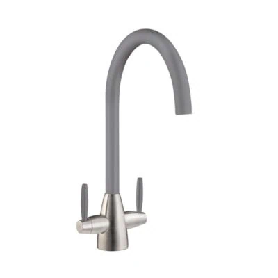 Twin Lever Kitchen Mixer Brushed Steel with Grey Spout and Handles