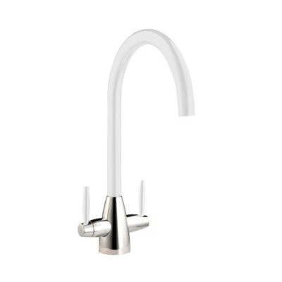 Twin Lever Kitchen Mixer Chrome with White Spout and Handles
