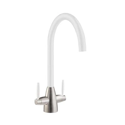Twin Lever Kitchen Mixer Brushed Steel with White Spout and Handles