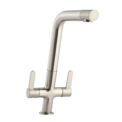 Round Twin Lever Kitchen Mixer - Brushed Steel