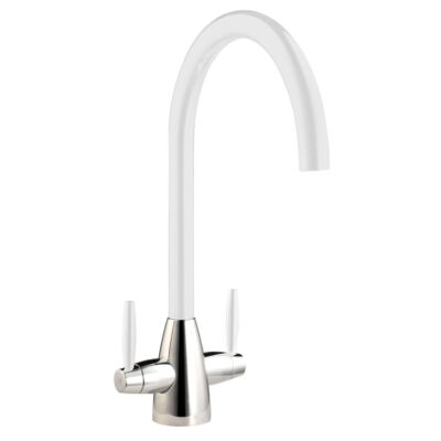 Twin Lever Kitchen Mixer Chrome with White Spout and Handles