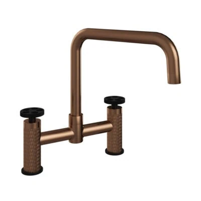 Quilt Diamond Carved Bridge Kitchen Mixer Tap - Brushed Copper with Black Wheel Handles