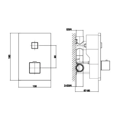 Alternative view of Square Thermostatic Shower Valve with Push Button