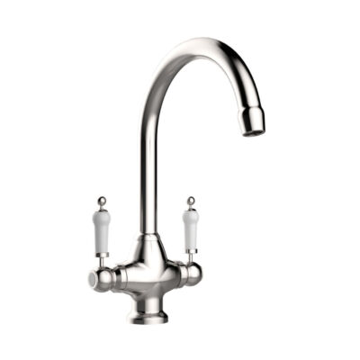 Traditional Twin Lever Kitchen Mixer - Brushed Steel with Ceramic Levers
